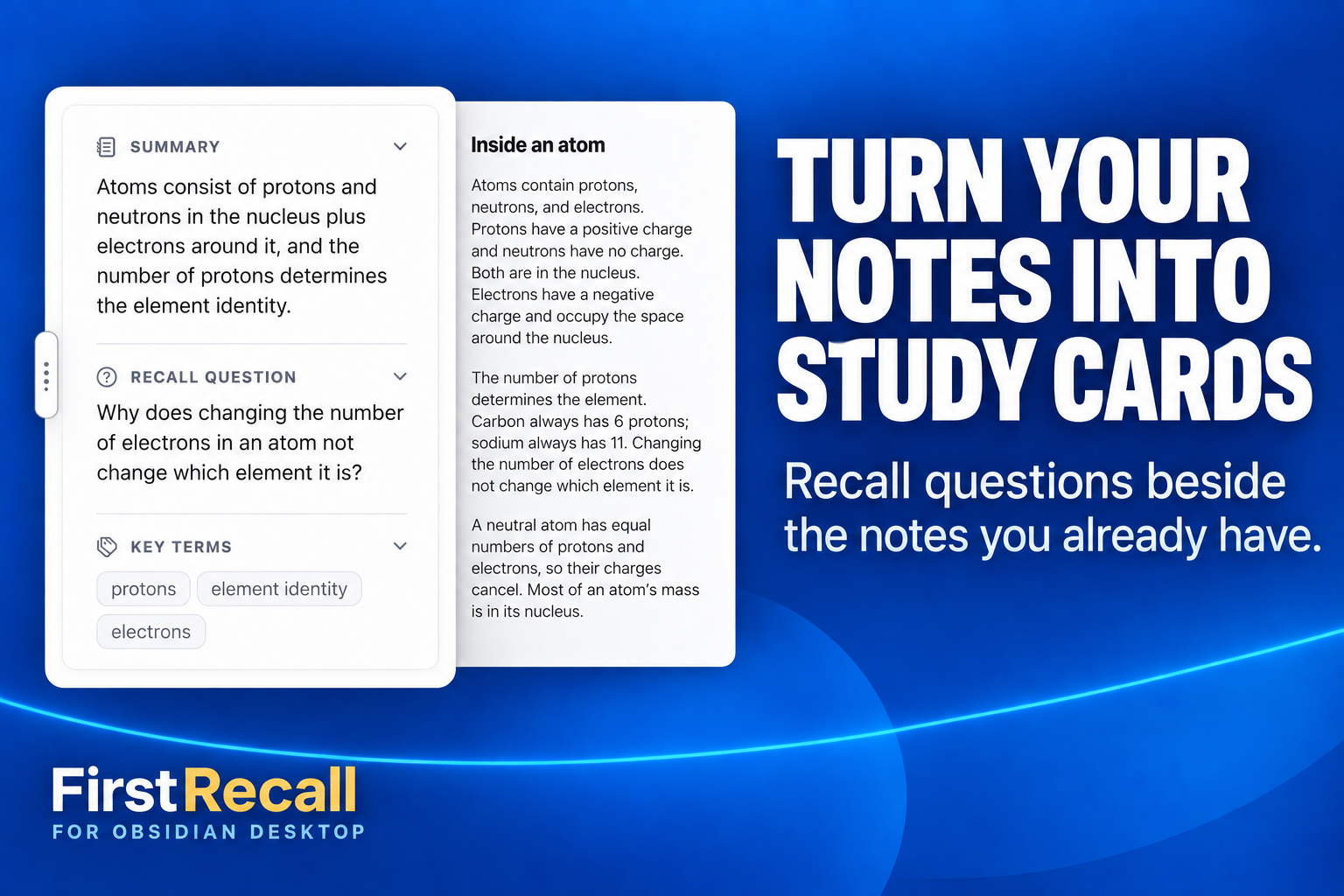 Turn your notes into study cards: summaries, recall questions, and key terms beside your Obsidian notes.