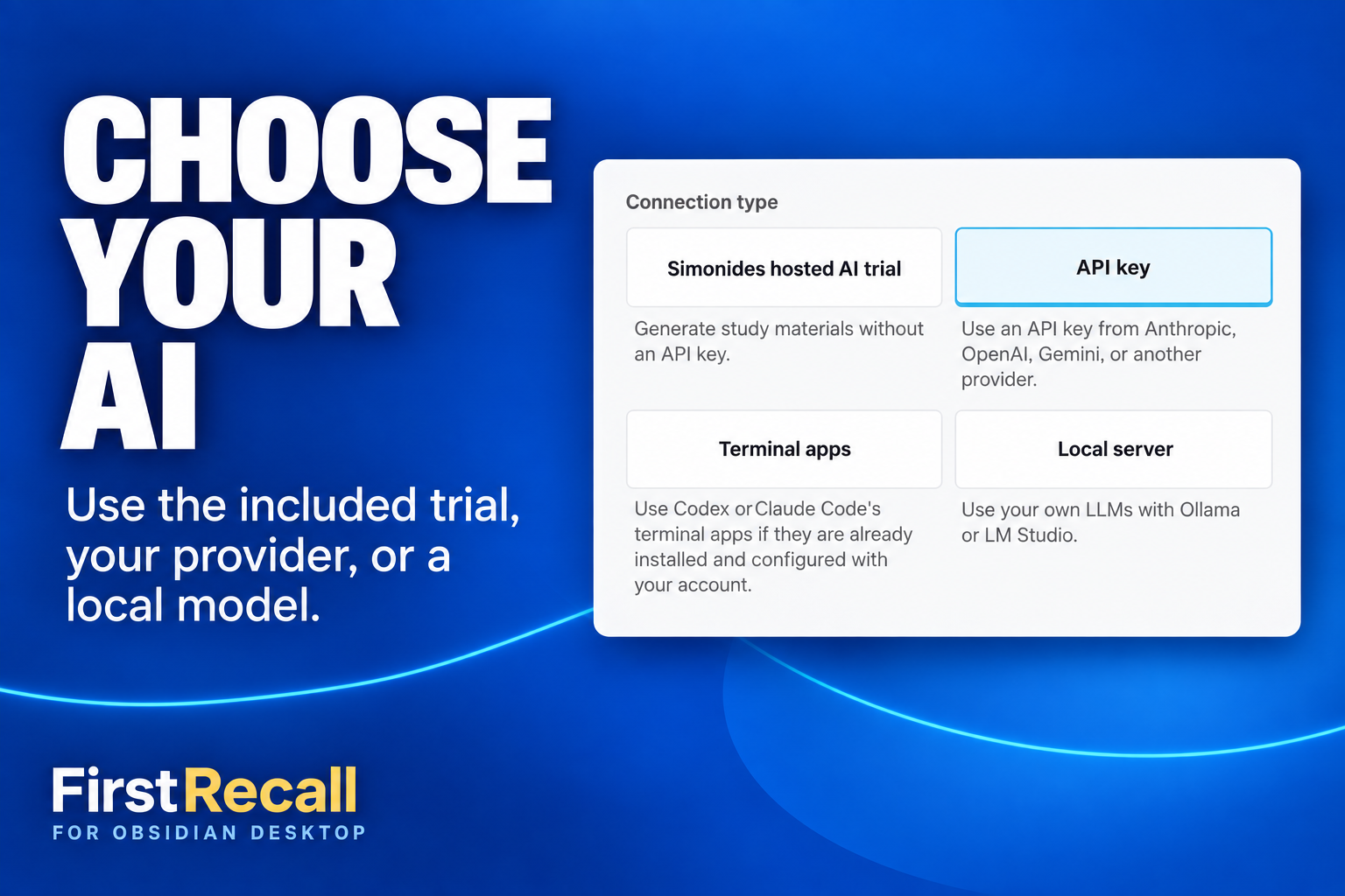 Choose your AI: use the included Simonides trial, an API key, terminal apps, or a local model.