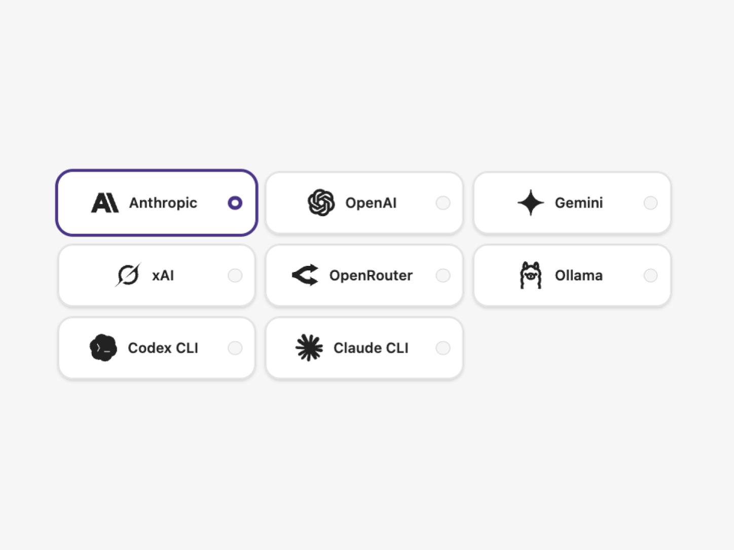 BYOK Runtime provider picker showing Anthropic, OpenAI, Gemini, xAI, OpenRouter, Ollama, Codex CLI, and Claude CLI options