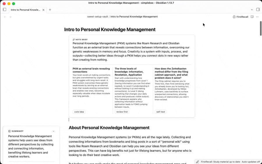 FirstRecall managed folders automatically updating study material after a note's sections change.