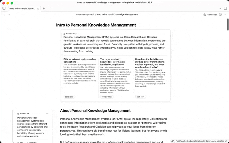 FirstRecall Study Mode showing a section summary, a recall question, and key terms next to the source note.