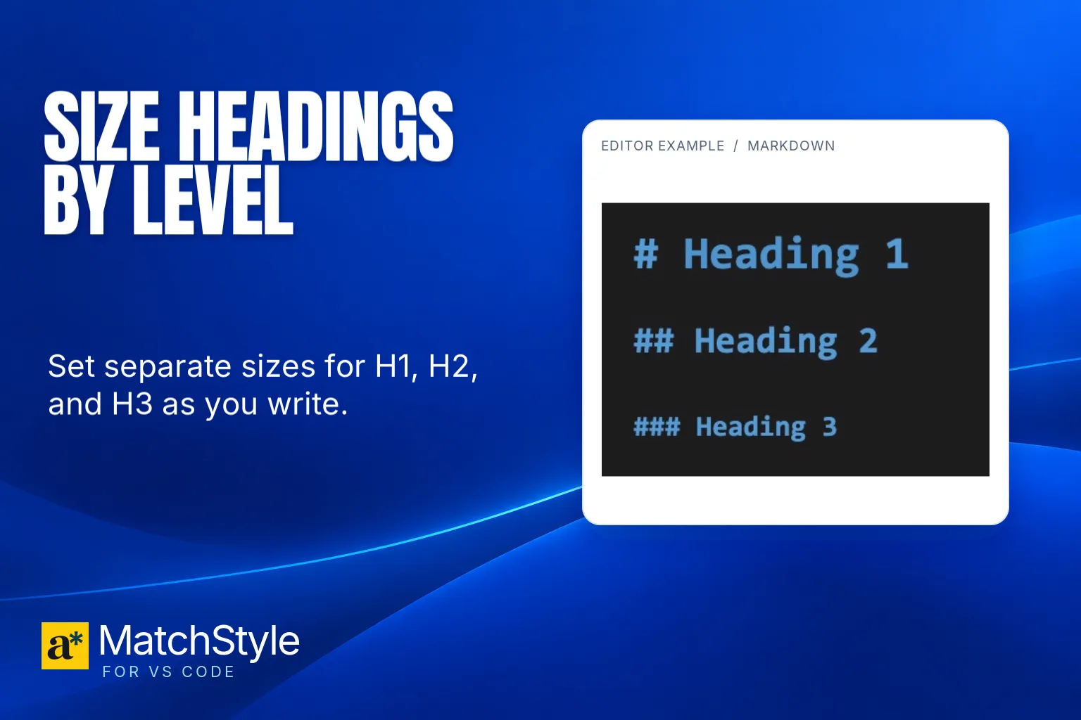 MatchStyle sizes Markdown headings by level in the VS Code editor.
