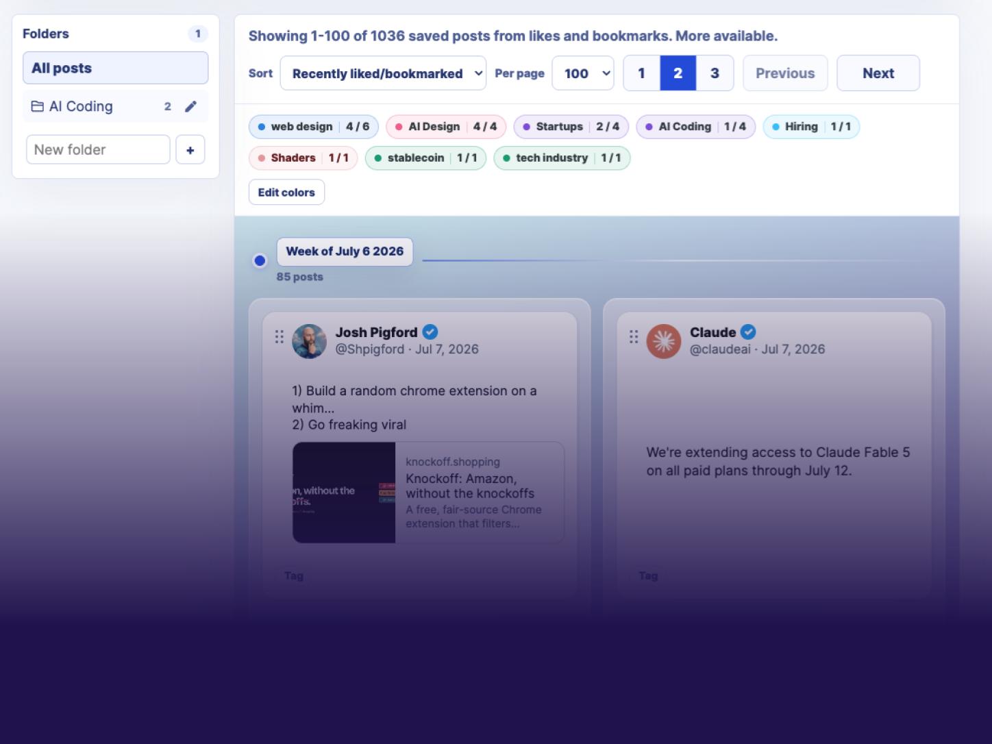 Thoughtmark interface organizing saved social posts into folders, tags, and a chronological feed